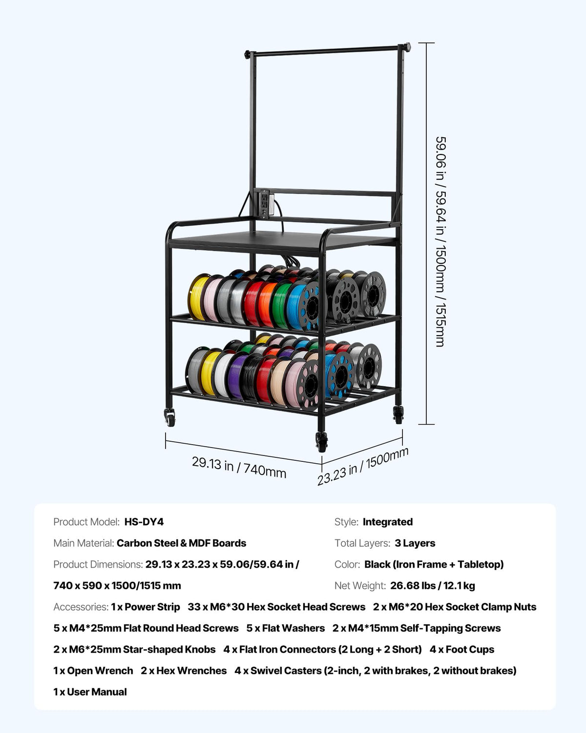 3-Tier Filament Storage Rack with Wheels W29301