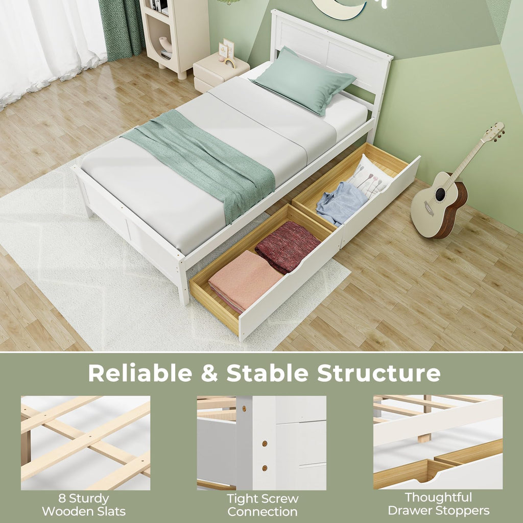 White Wood Twin Bed with 2 Storage Drawers D469