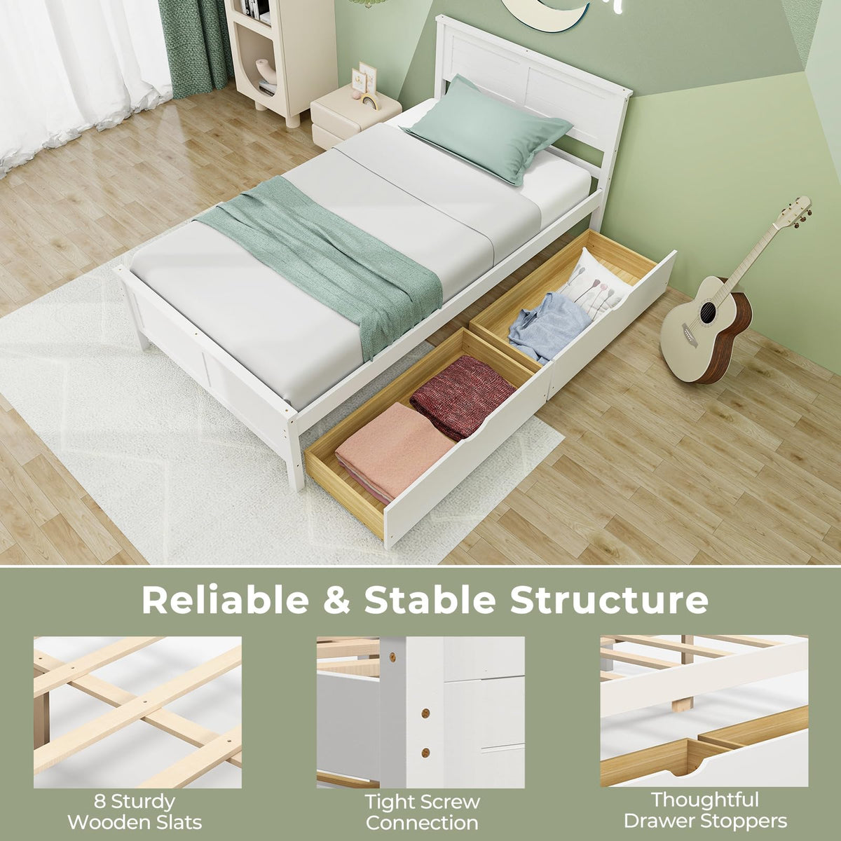 White Wood Twin Bed with 2 Storage Drawers D469