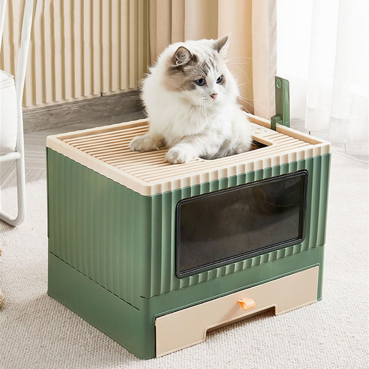 Top Entry Cat Litter Box with Lid Foldable Green I5511