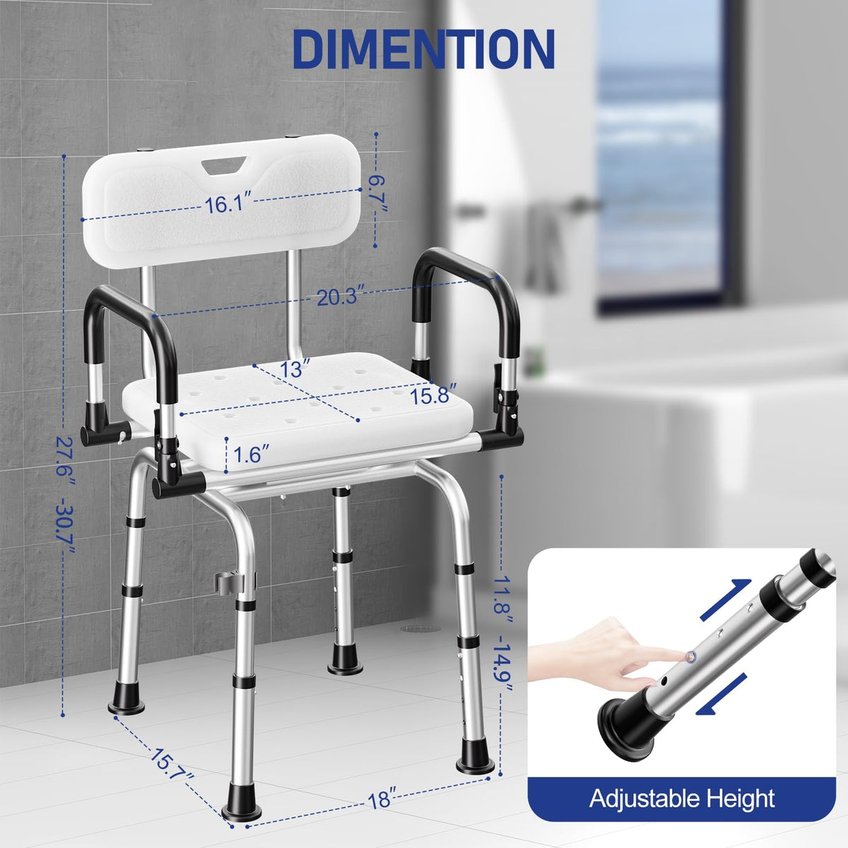 Swivel Shower Chair, 660 LBS, Adjust Height, Pivoting Arms X127