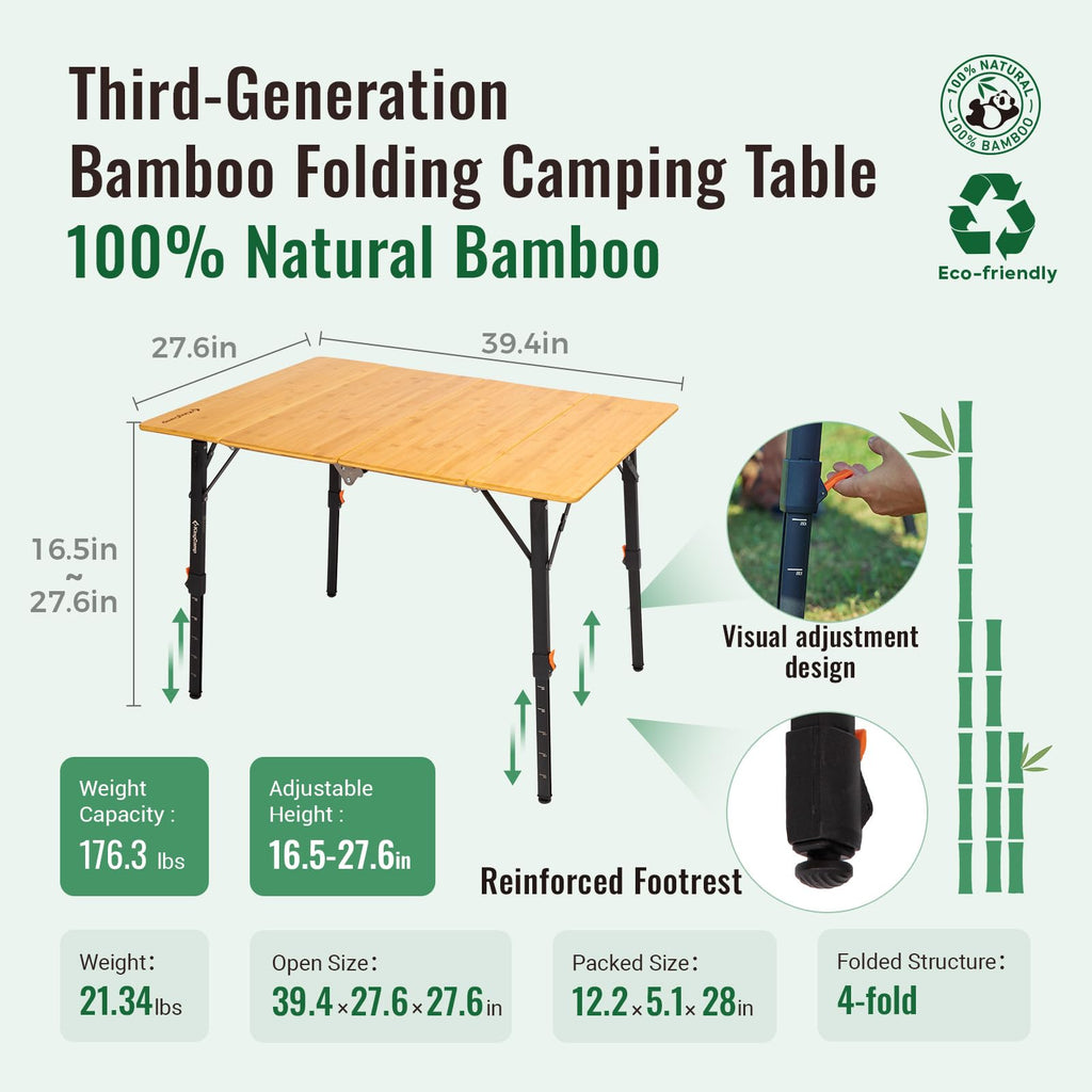 Bamboo Folding Camping Table with Adjustable Height I97723