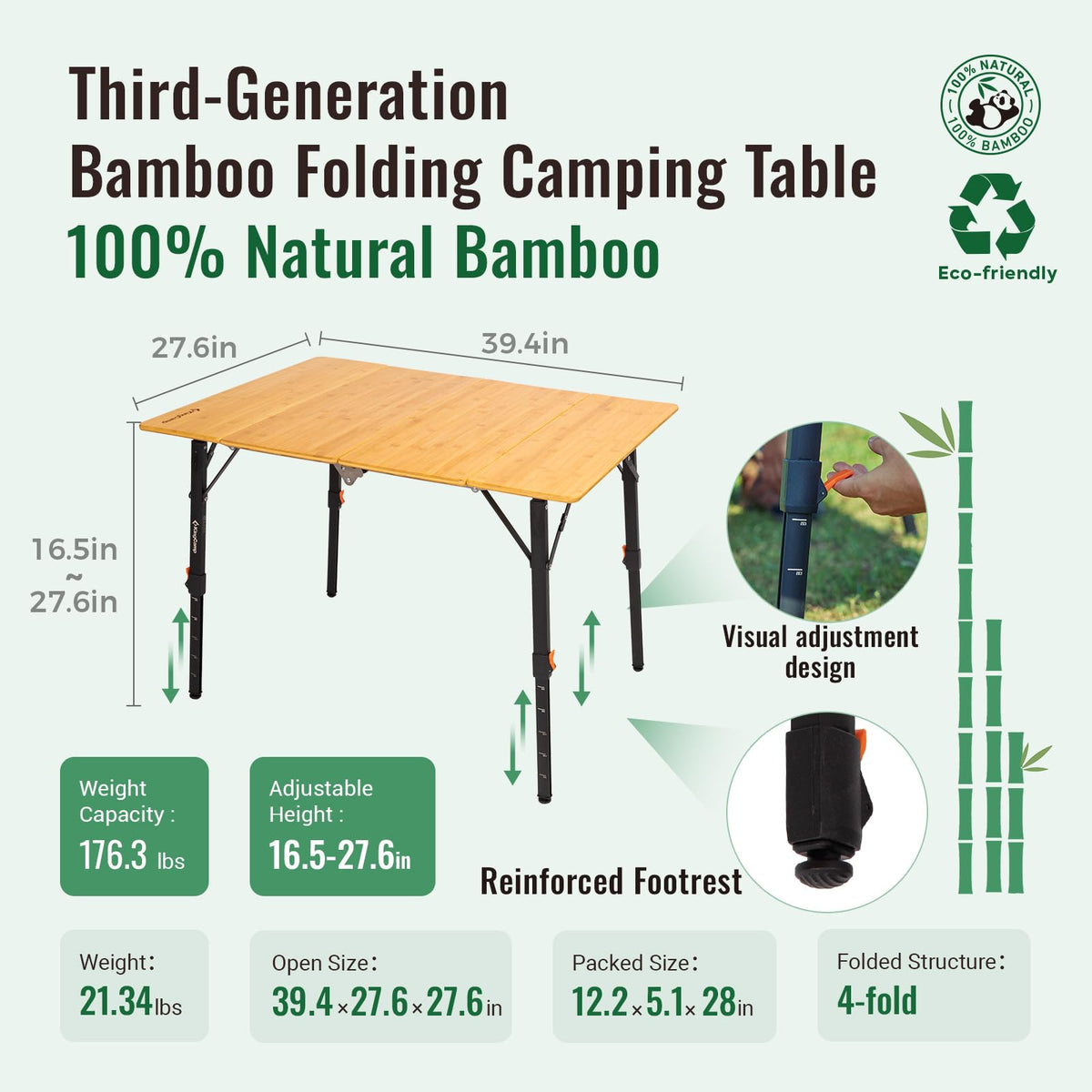 Bamboo Folding Camping Table with Adjustable Height I97723