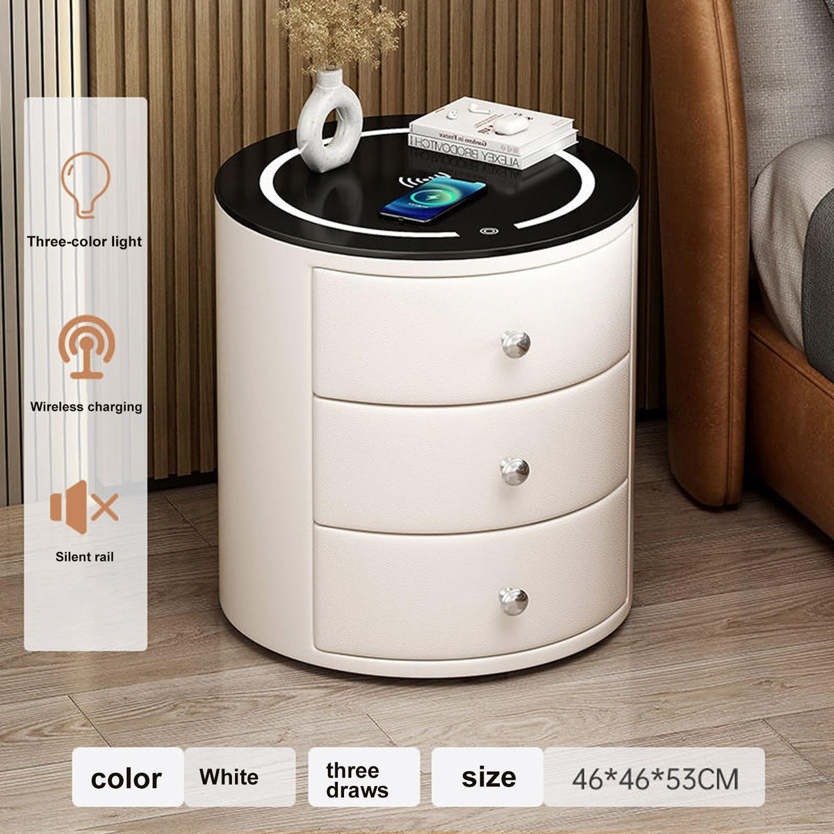 White 3 Drawer PU Leather Nightstand with Wireless Charging and LED Lights U273955