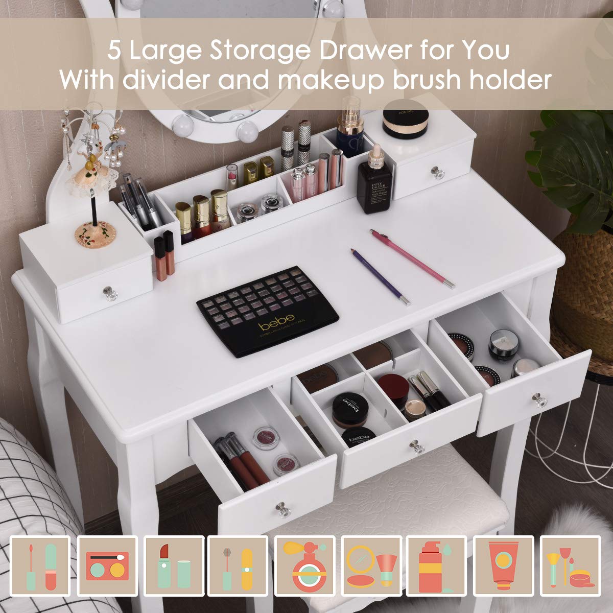 White Makeup Vanity Table with Lighted Mirror and Stool F769