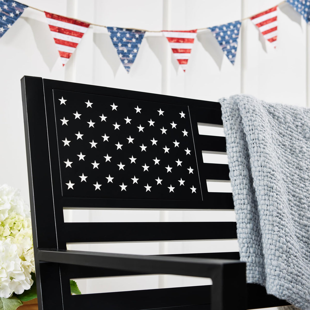 2-Person Steel Indoor/Outdoor Bench with American Flag, 790lb Capacity - Black V7318