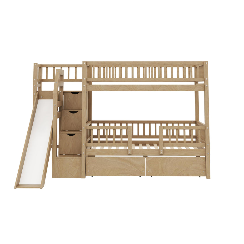 Twin Over Twin Bunk Bed with Slide and Storage Drawers V506