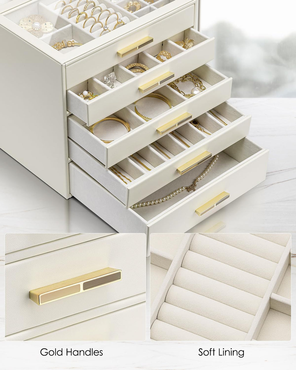 5 Layer Glass Lid Jewelry Organizer with 5 Drawers U2829