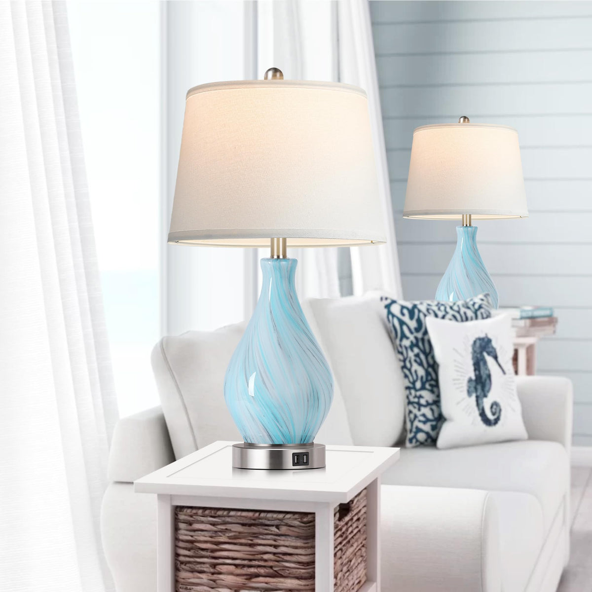 Set of 2 Touch Control Art Glass Table Lamp with USB Ports N96840