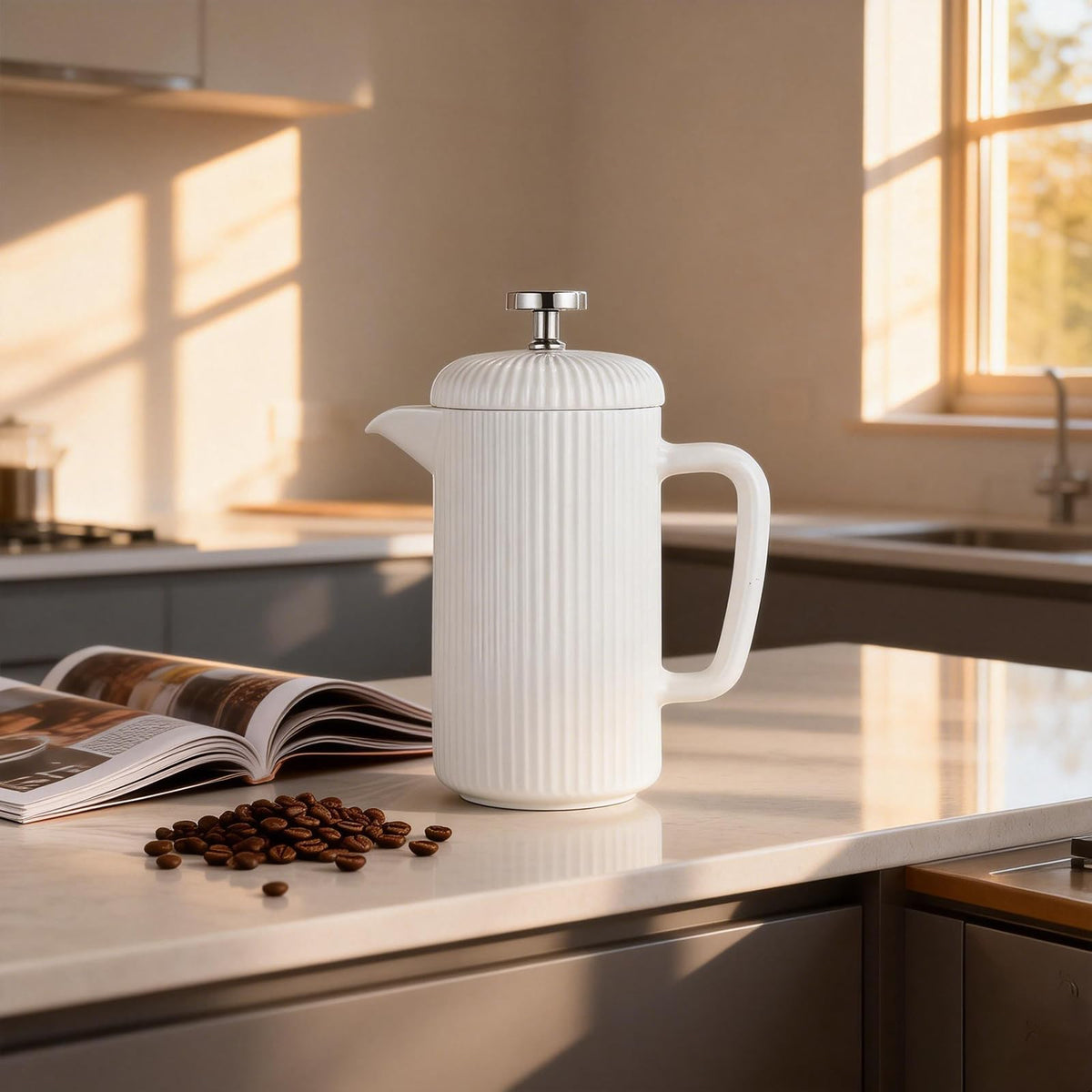 Porcelain French Press 22 fl oz Coffee Tea Maker with Stainless Steel Plunger Ivory R195377