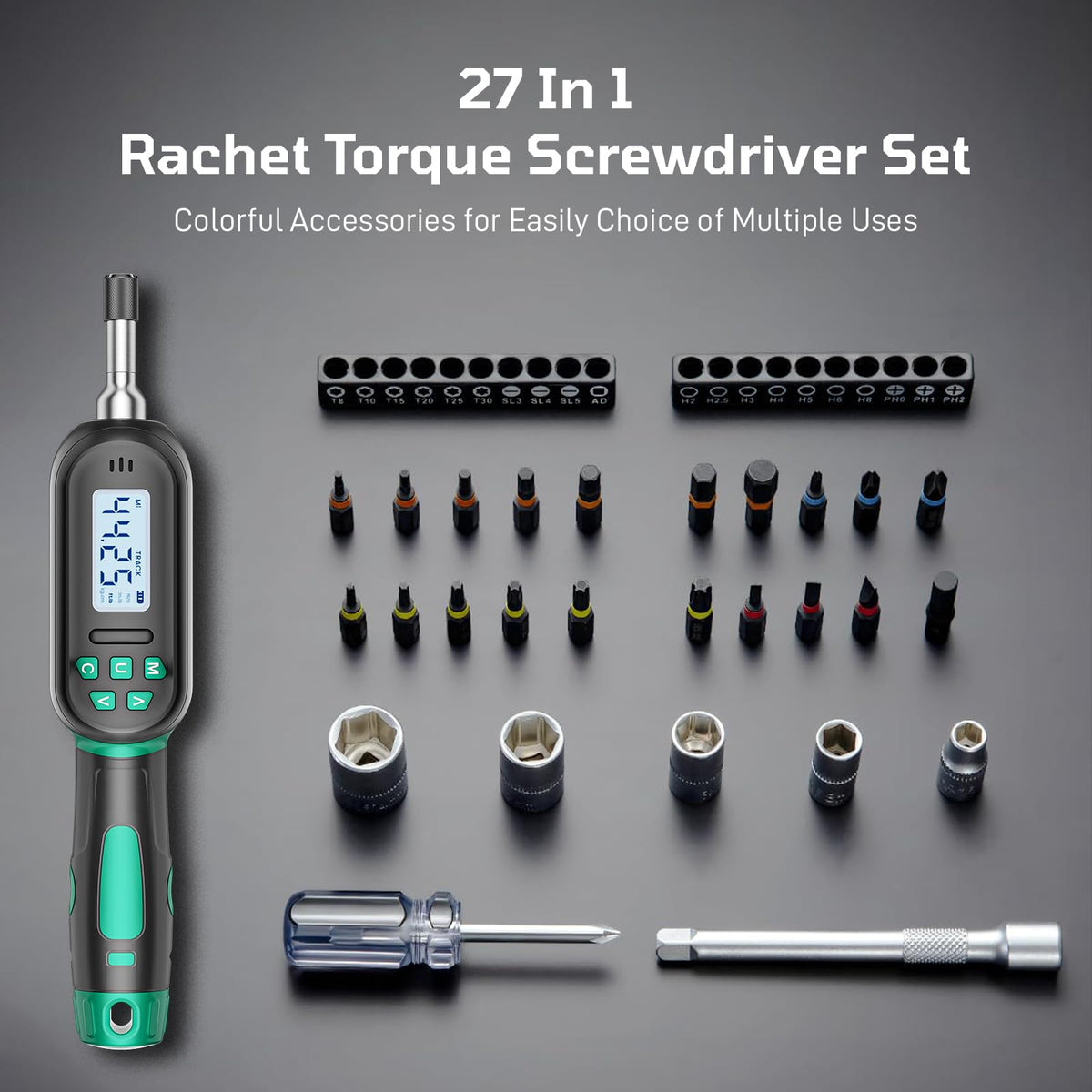 Digital Torque Screwdriver Set, 1/4″ Drive, 19 Bits, 5 Short Sockets C451