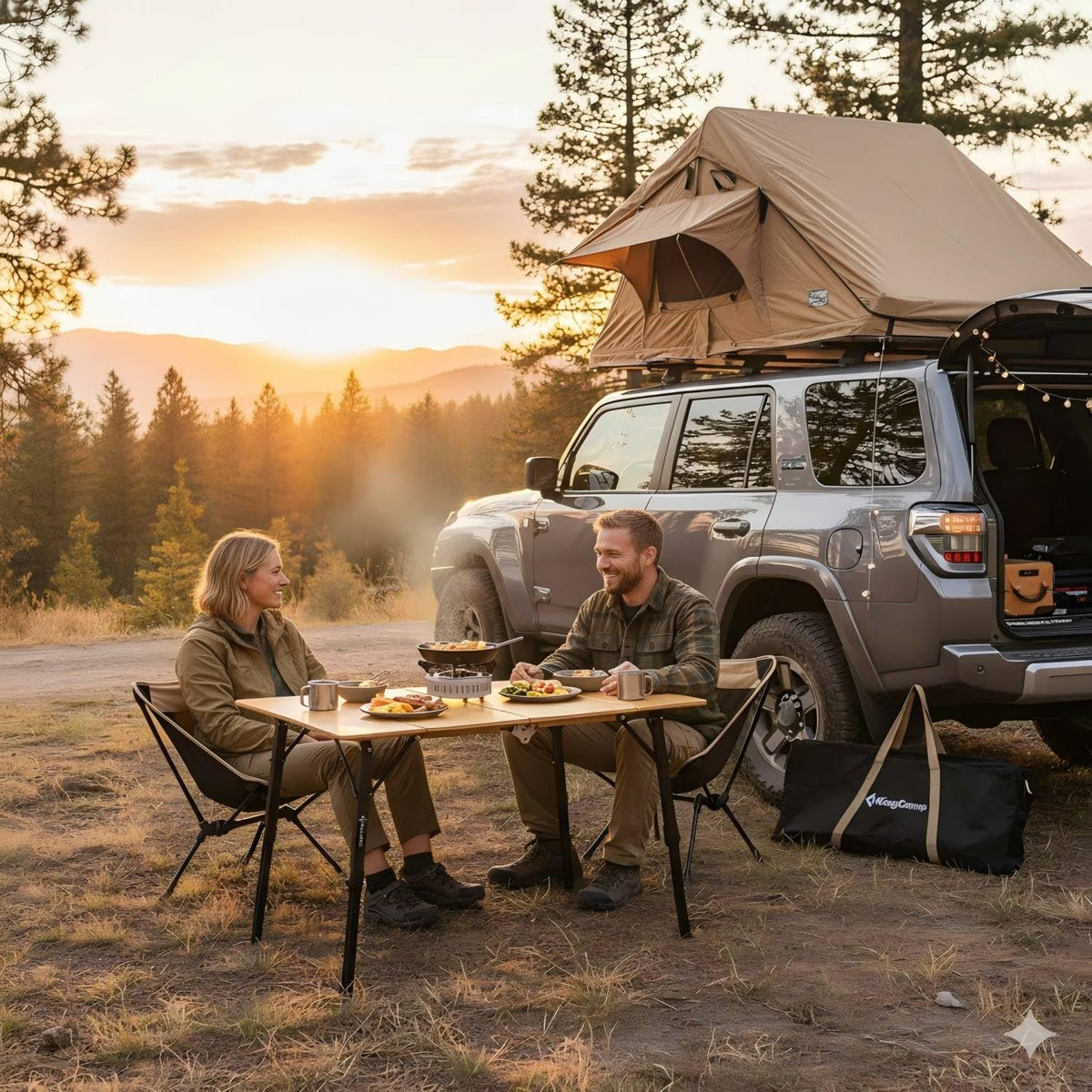 Bamboo Folding Camping Table with Adjustable Height I97723