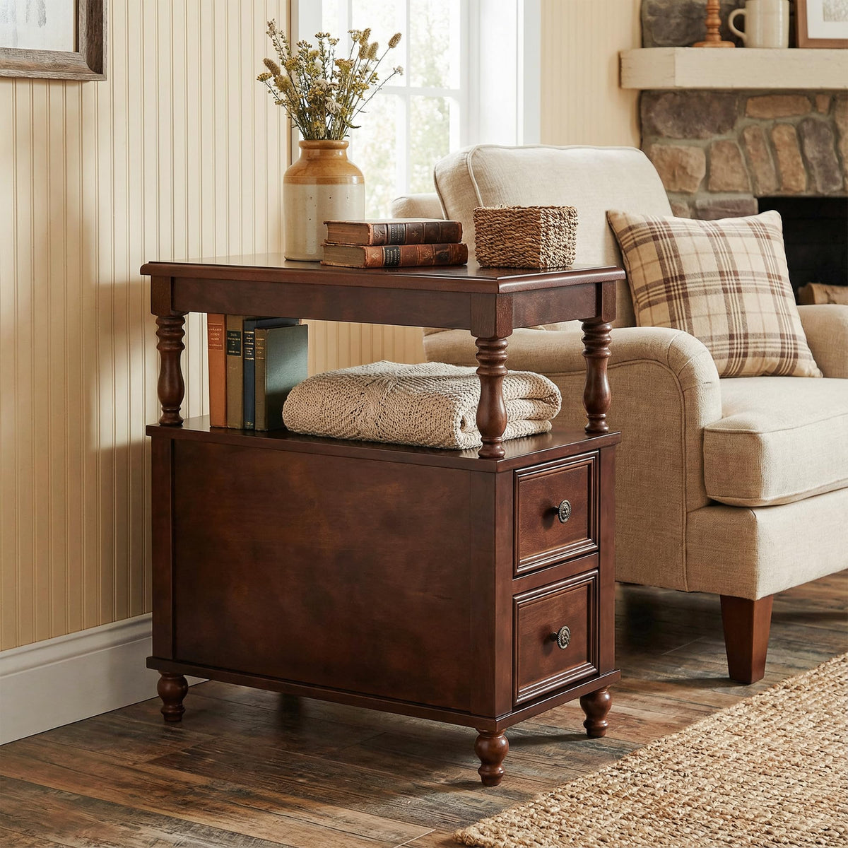 Cherry Finish Wood End Table with 2 Drawers M157913