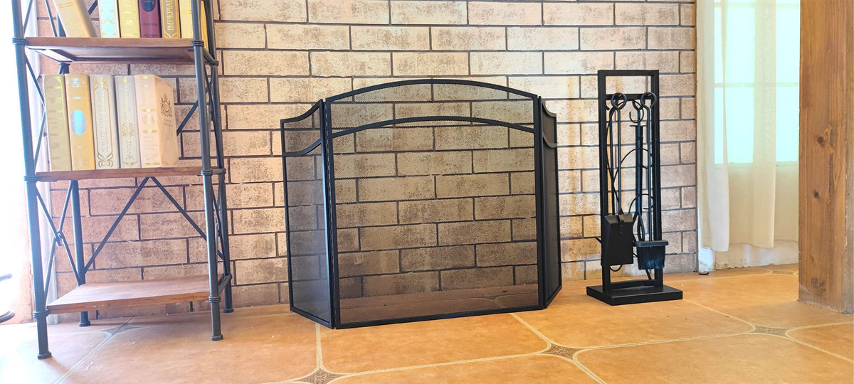 3 Panels Fireplace Screen with Arch Frame Black Y390307