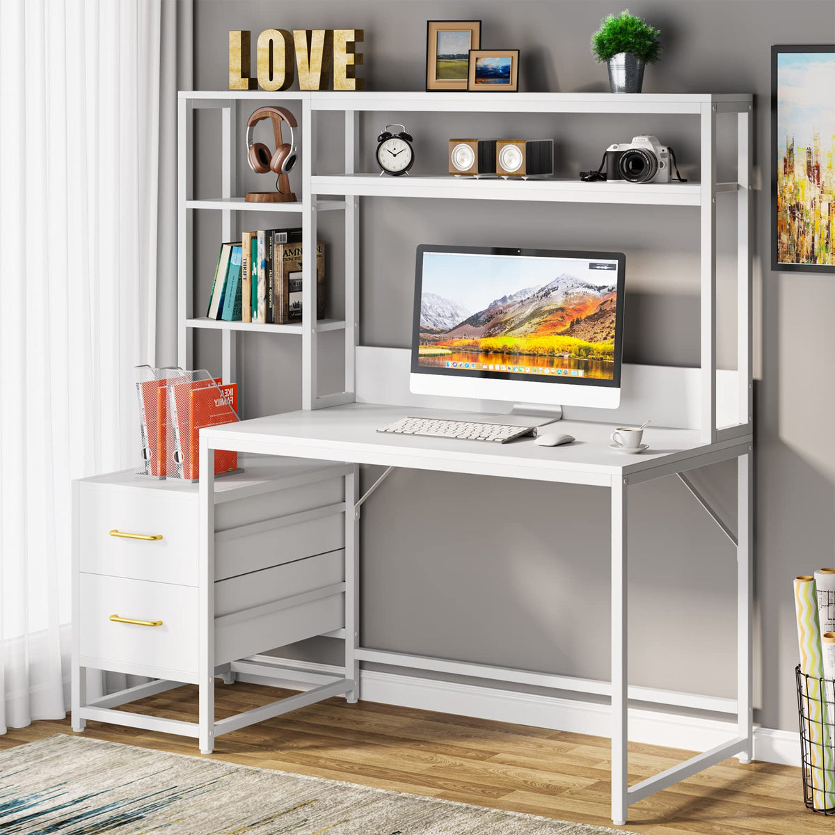 55 Inch Computer Desk with 2 Drawers and Storage Shelves T42839