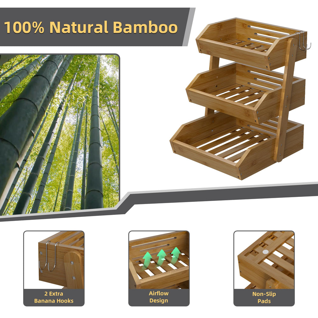 Walnut Bamboo 3 Tier Fruit Basket with 2 Banana Hangers J263