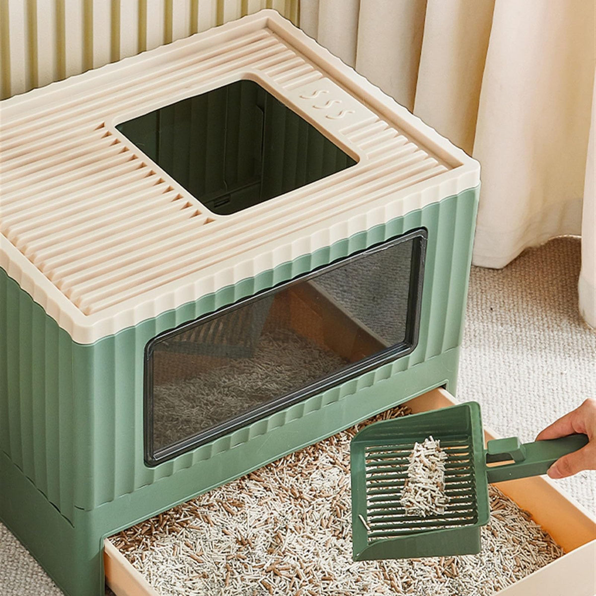 Top Entry Cat Litter Box with Lid Foldable Green I5511