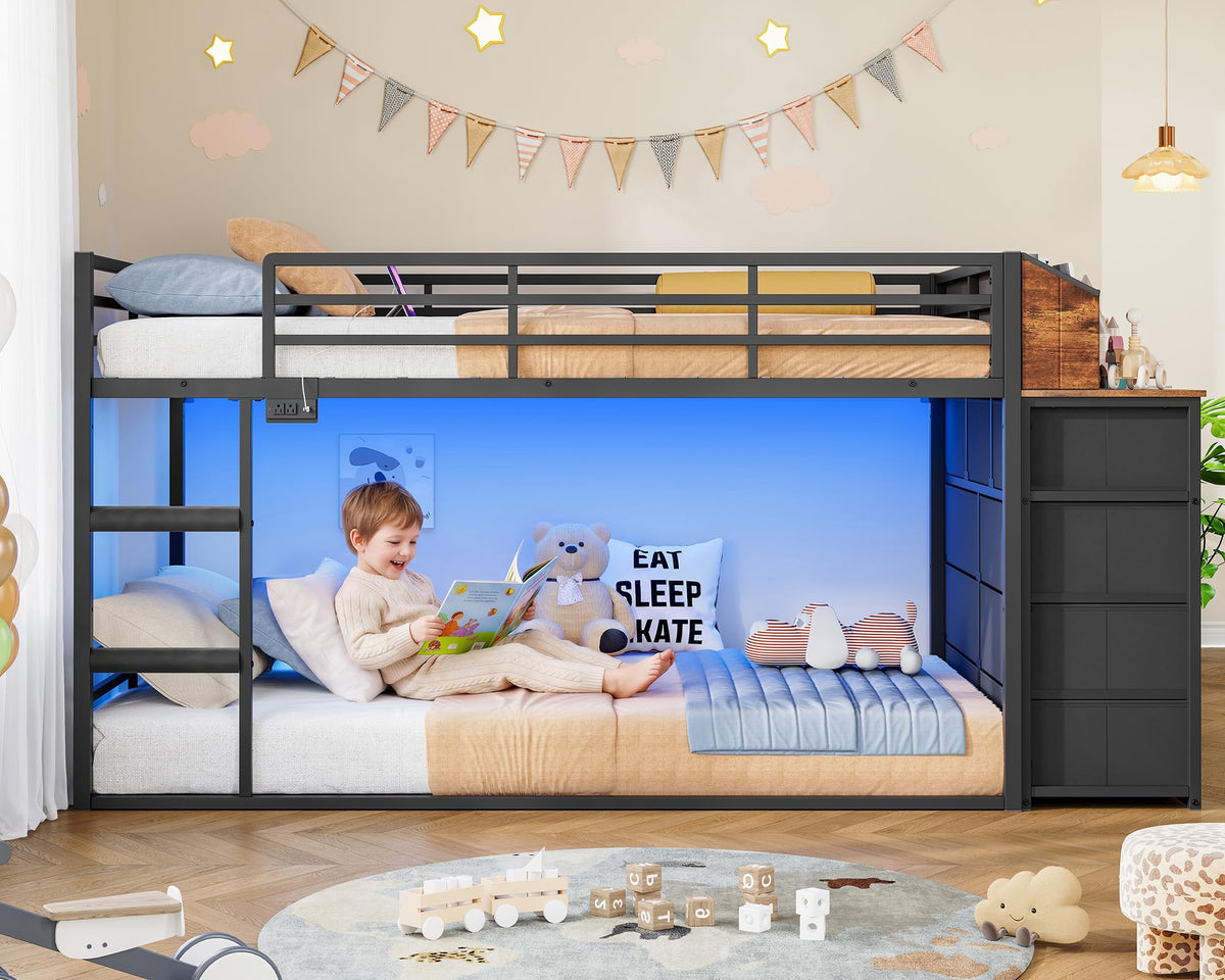 Twin Over Twin Metal Bunk Bed with Storage & LED Lights S29147