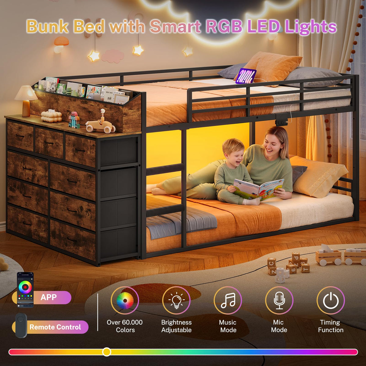 Twin Over Twin Metal Bunk Bed with Storage & LED Lights S29147