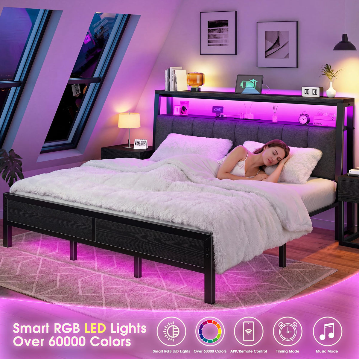 King Bed Frame with Charging Station Black H5533