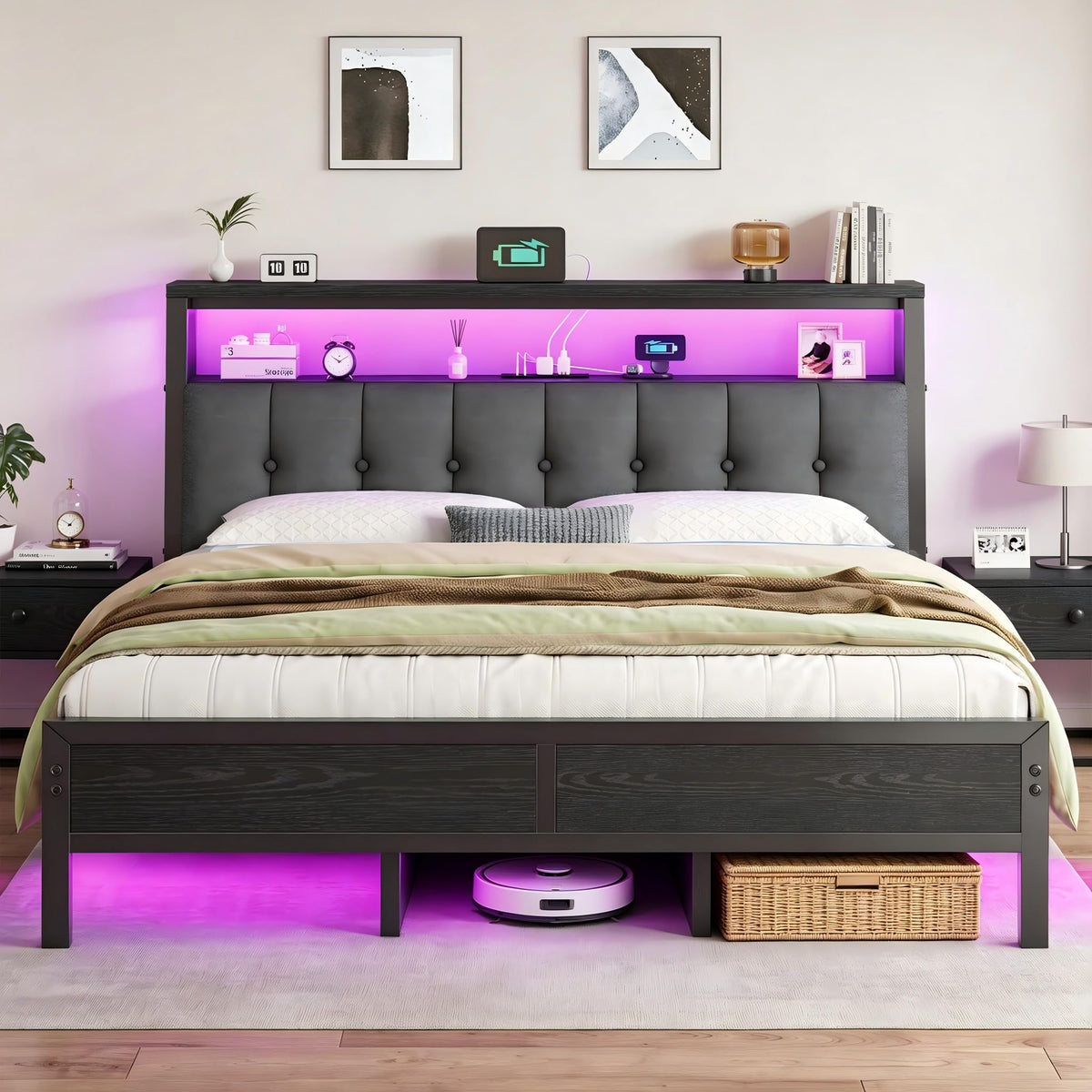 King Bed Frame with Charging Station Black H5533