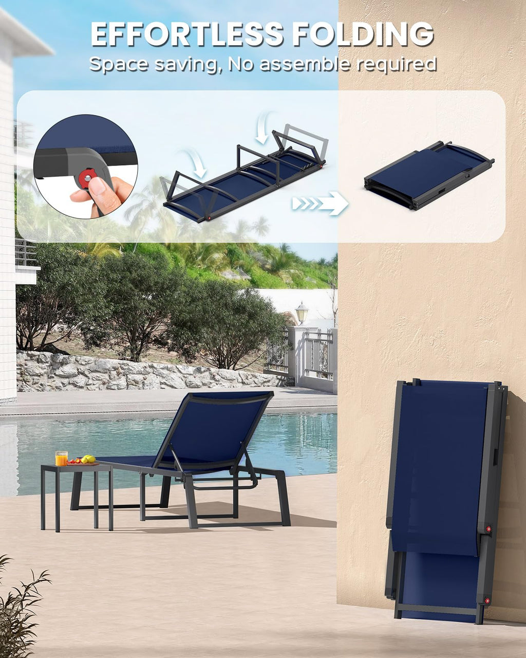 Aluminum Foldable 5-Position Chaise Lounge Chair, Navy Blue, 2 Pack O66289