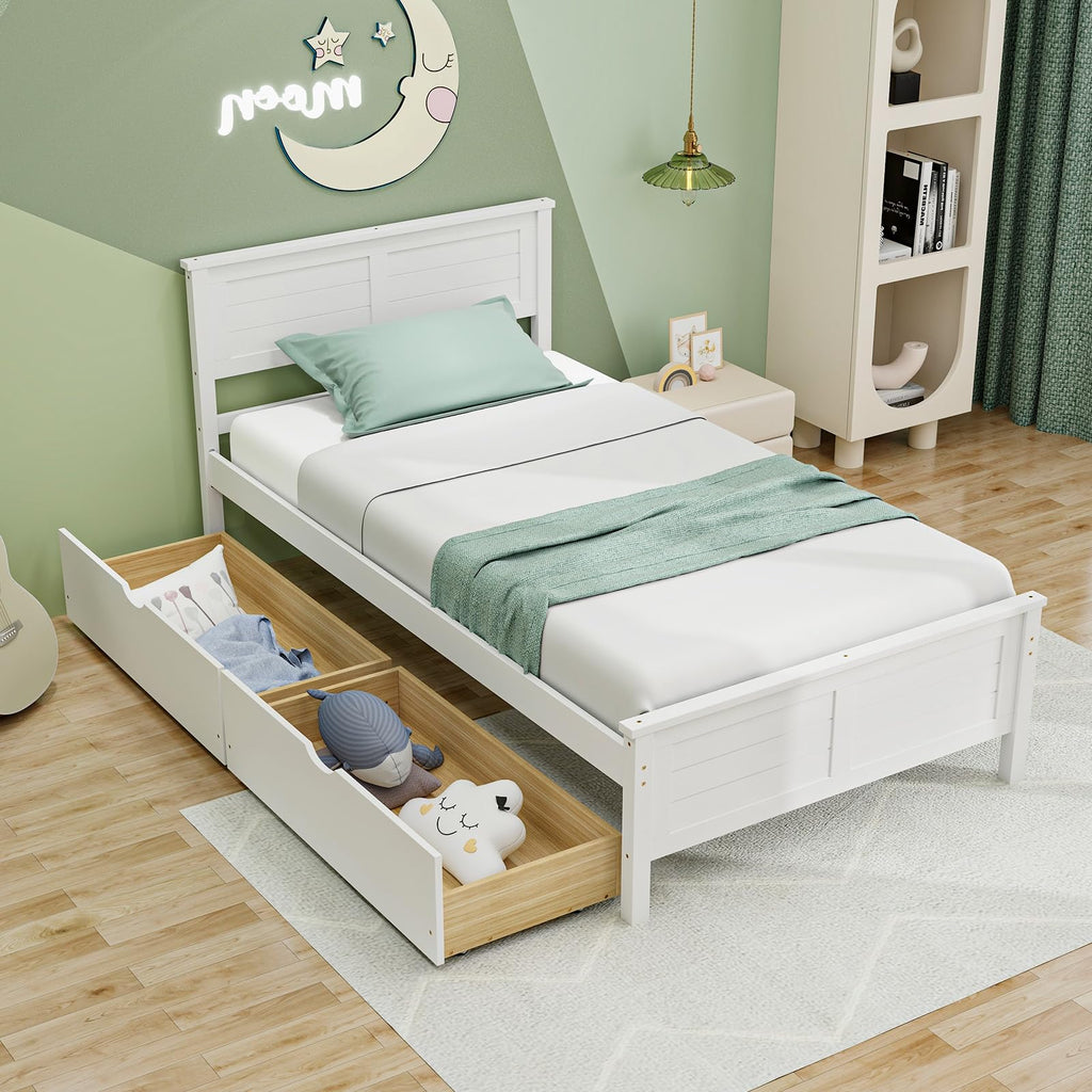 White Wood Twin Bed with 2 Storage Drawers D469