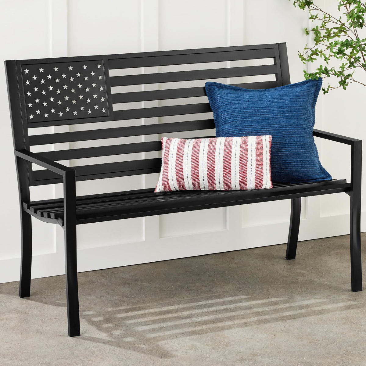 2-Person Steel Indoor/Outdoor Bench with American Flag, 790lb Capacity - Black V7318