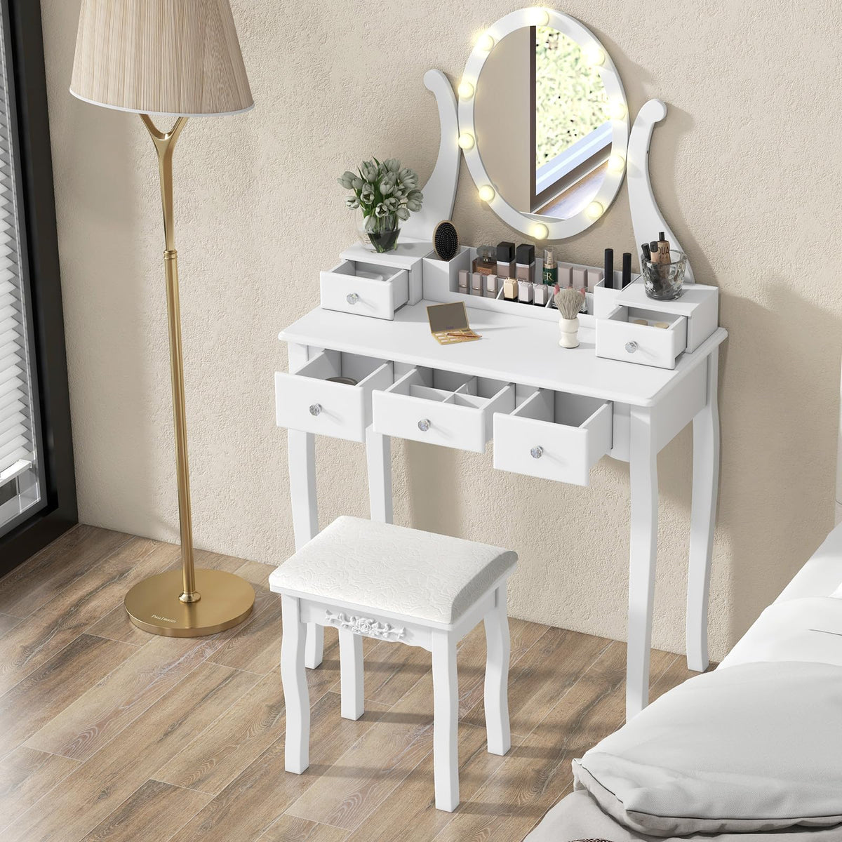 White Makeup Vanity Table with Lighted Mirror and Stool F769