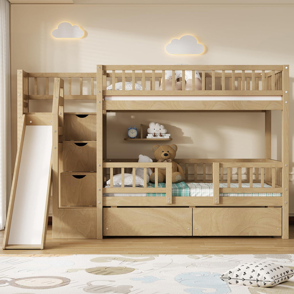 Twin Over Twin Bunk Bed with Slide and Storage Drawers V506