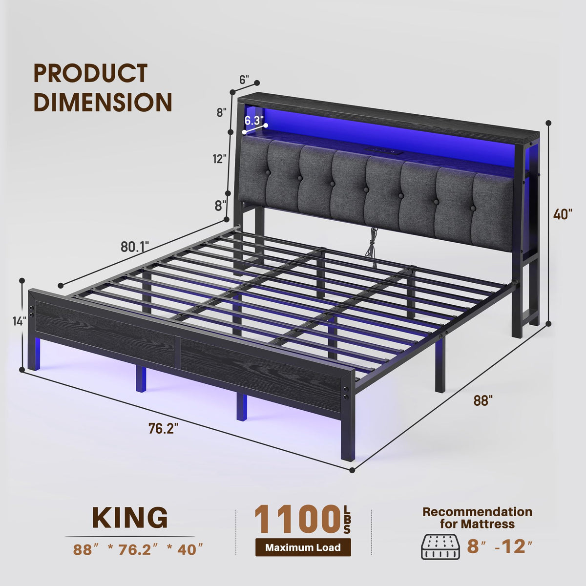 King Bed Frame with Charging Station Black H5533