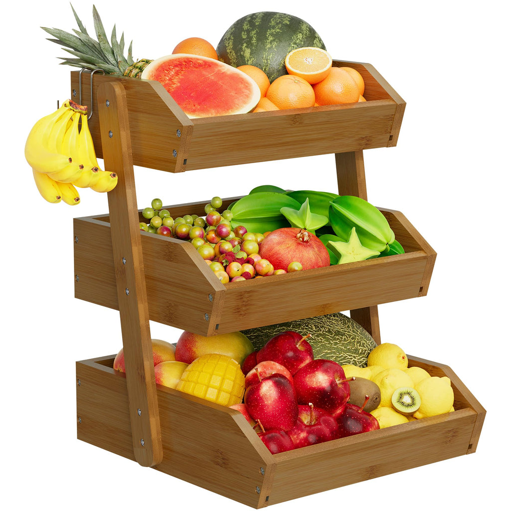 Walnut Bamboo 3 Tier Fruit Basket with 2 Banana Hangers J263