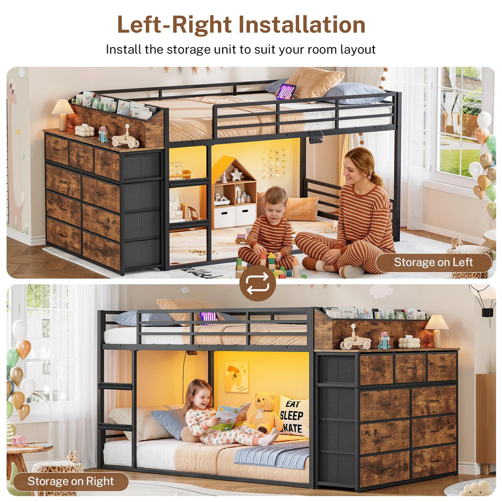 Twin Over Twin Metal Bunk Bed with Storage & LED Lights S29147