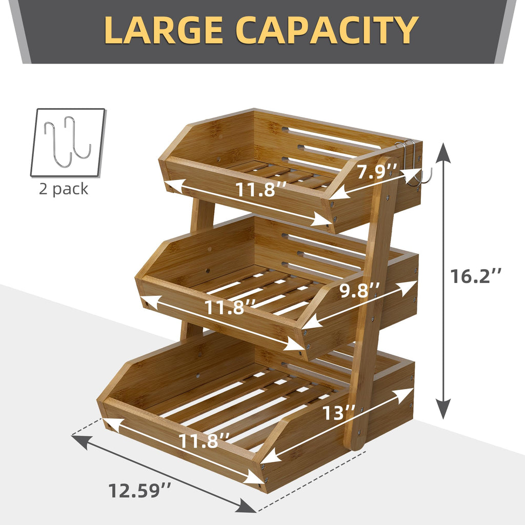 Walnut Bamboo 3 Tier Fruit Basket with 2 Banana Hangers J263