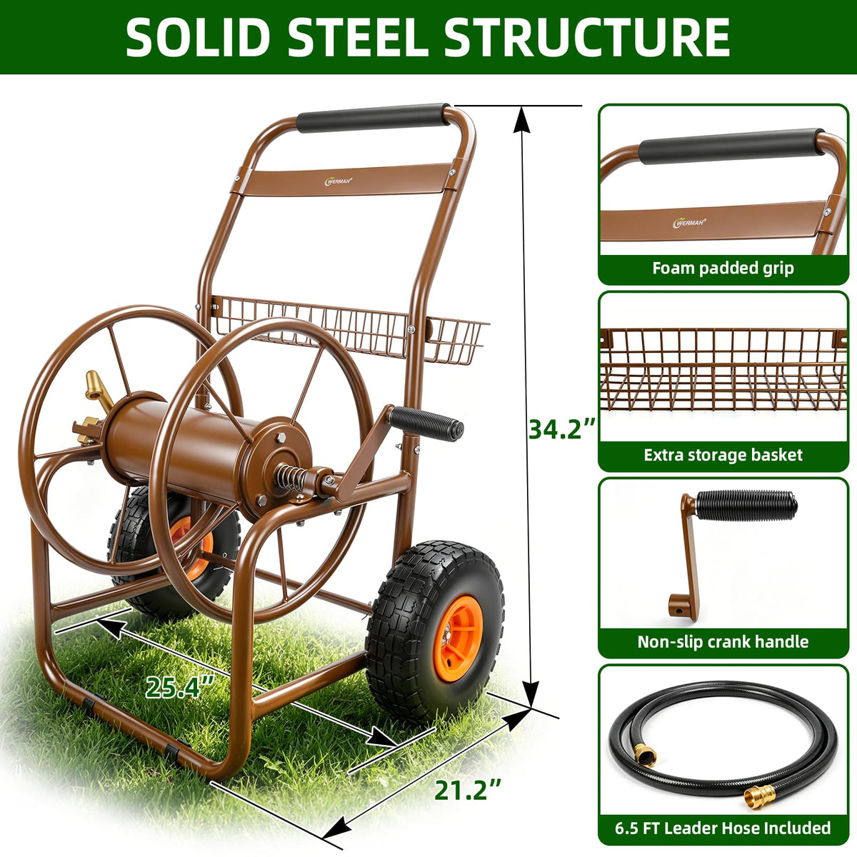 Garden Hose Reel Cart, Heavy Duty Metal with 2 Wheels, Holds 230ft 5/8" W1831
