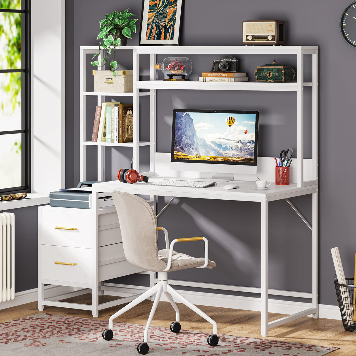 55 Inch Computer Desk with 2 Drawers and Storage Shelves T42839