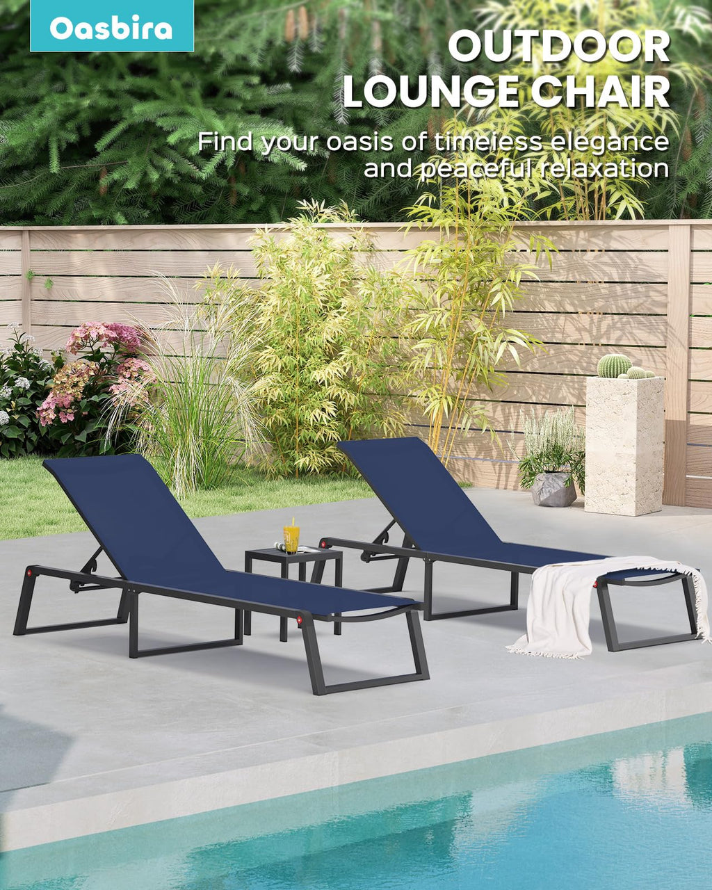 Aluminum Foldable 5-Position Chaise Lounge Chair, Navy Blue, 2 Pack O66289