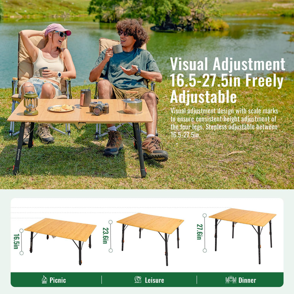 Bamboo Folding Camping Table with Adjustable Height I97723