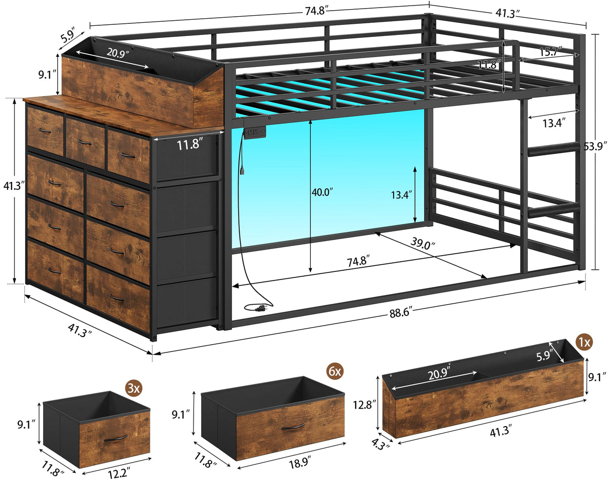 Twin Over Twin Metal Bunk Bed with Storage & LED Lights S29147