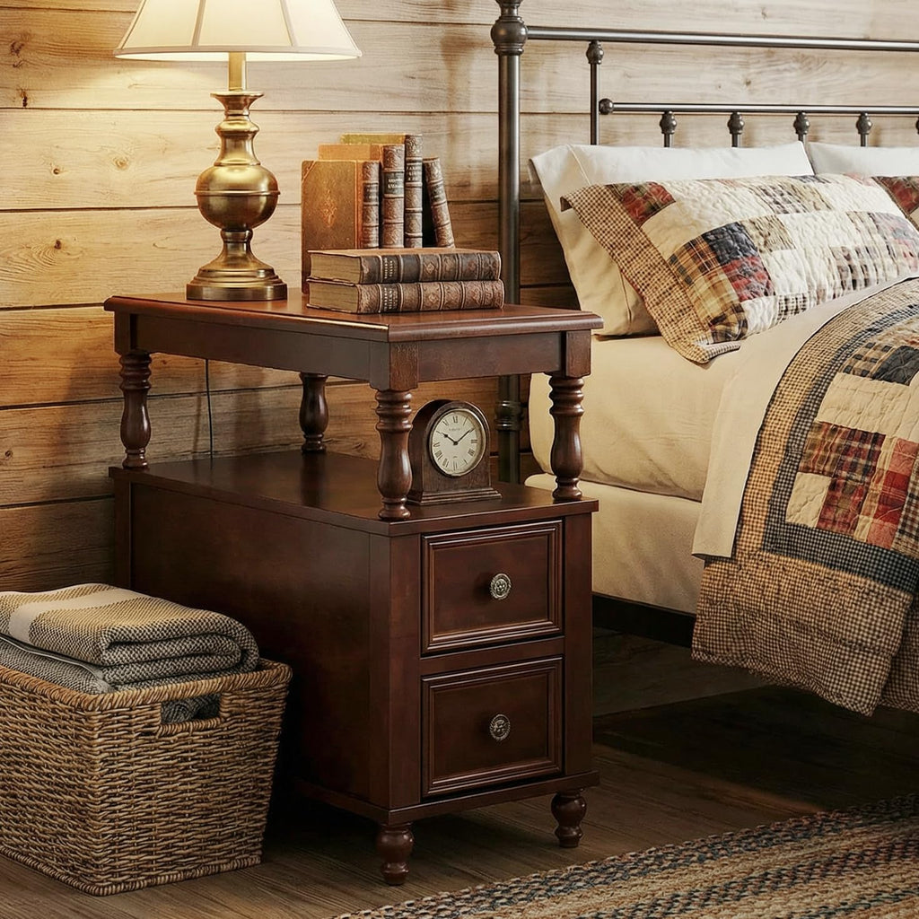 Cherry Finish Wood End Table with 2 Drawers M157913