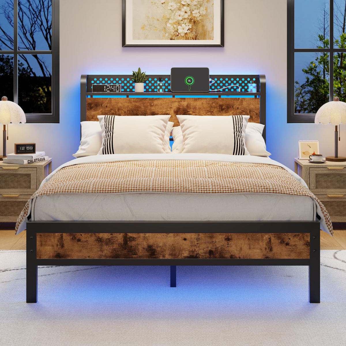 Full Bed Frame with Headboard and LED Lights R2156