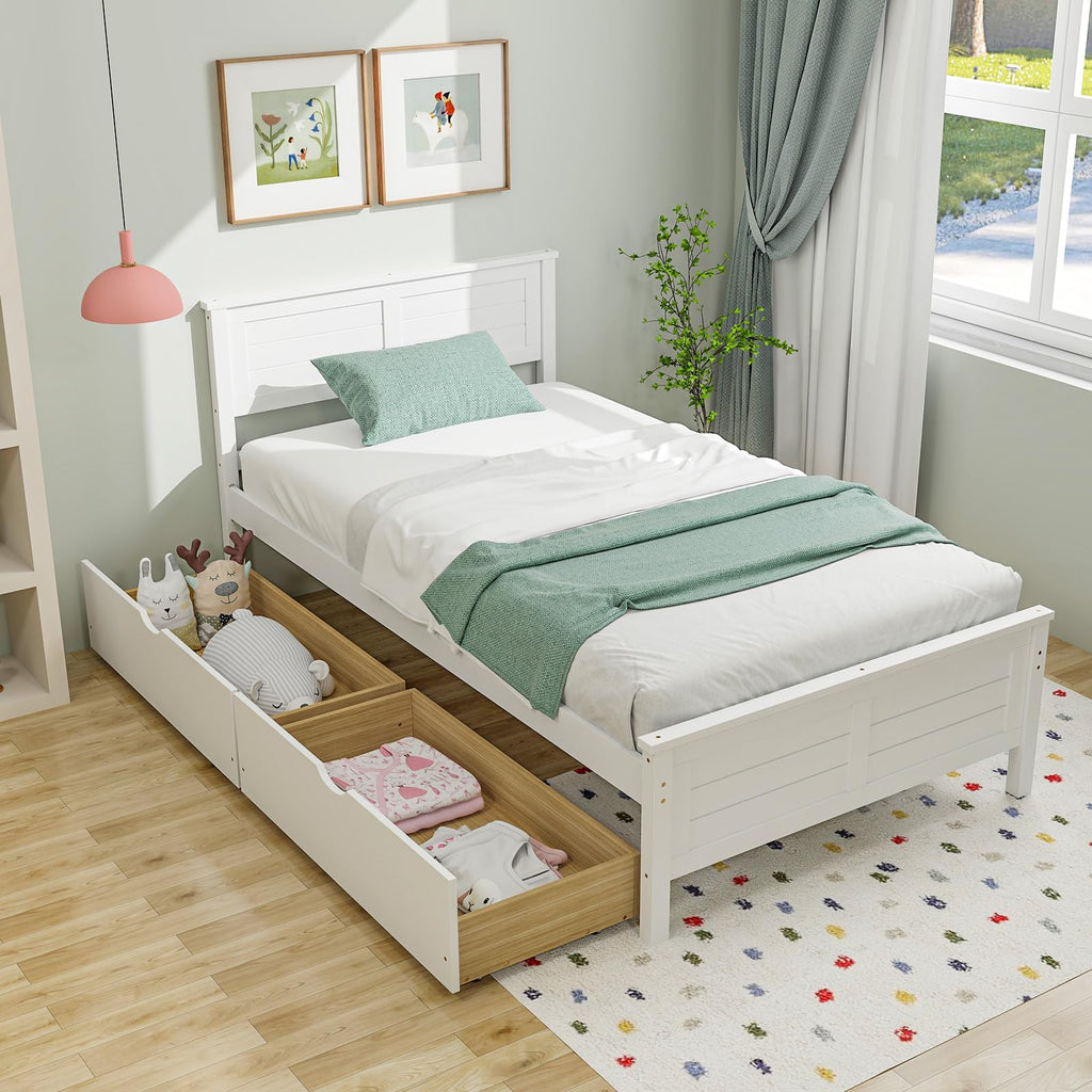 White Wood Twin Bed with 2 Storage Drawers D469