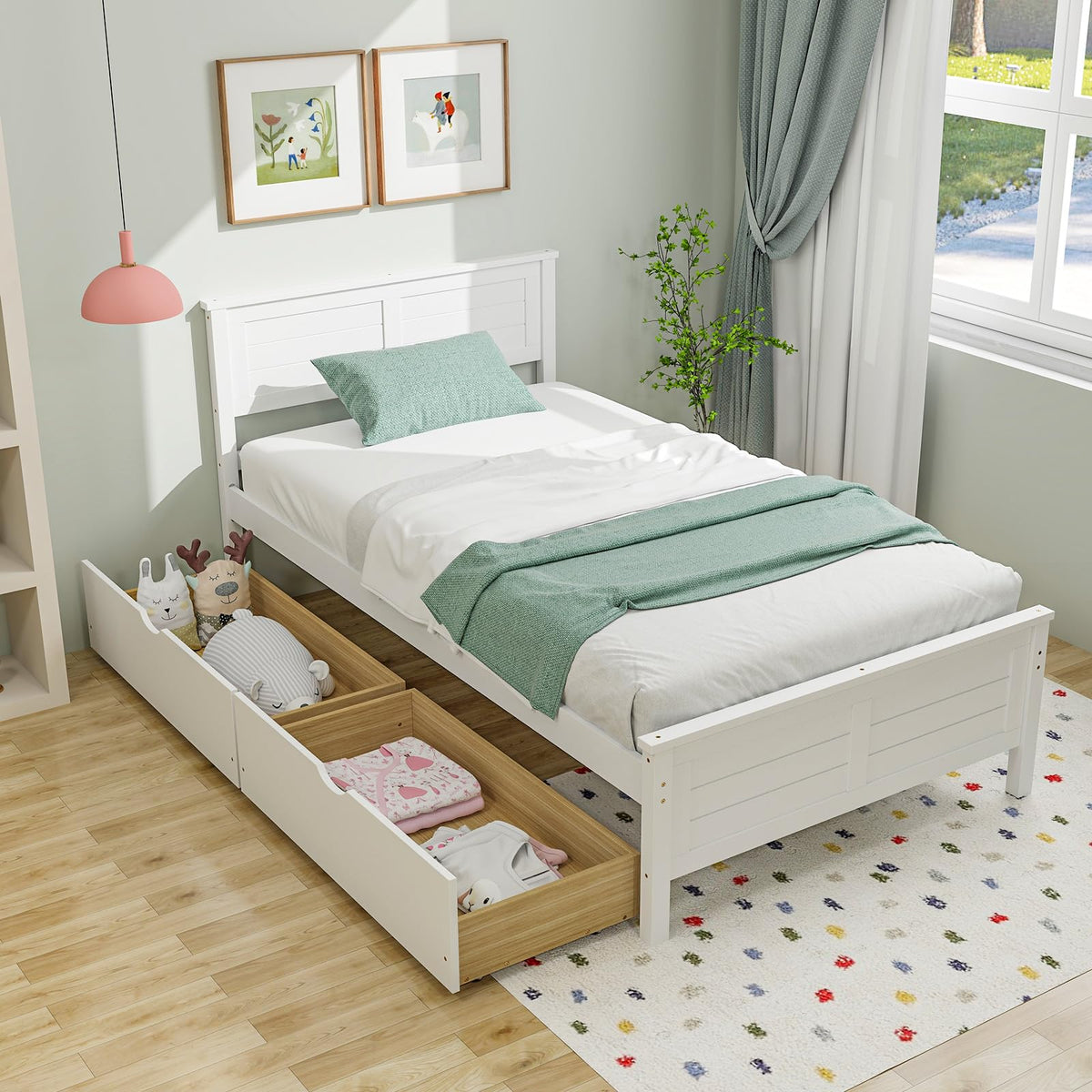 White Wood Twin Bed with 2 Storage Drawers D469