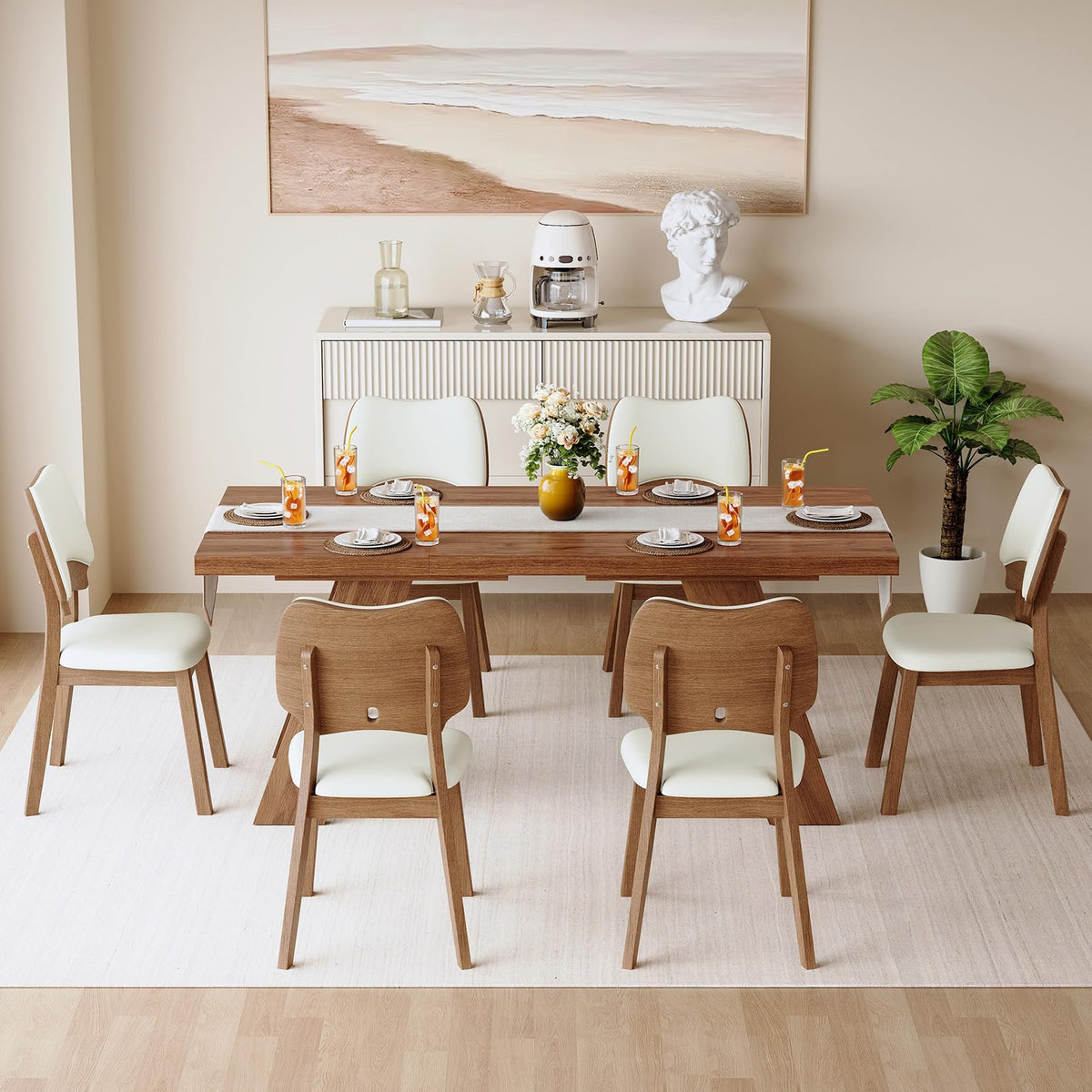71" 7 Piece Wood Dining Table Set with 6 PU Leather Chairs M5484