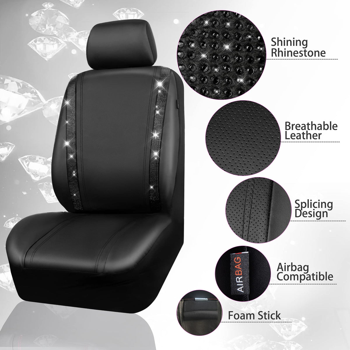 Leather Bling Diamond Car Seat Covers Full Set S7448