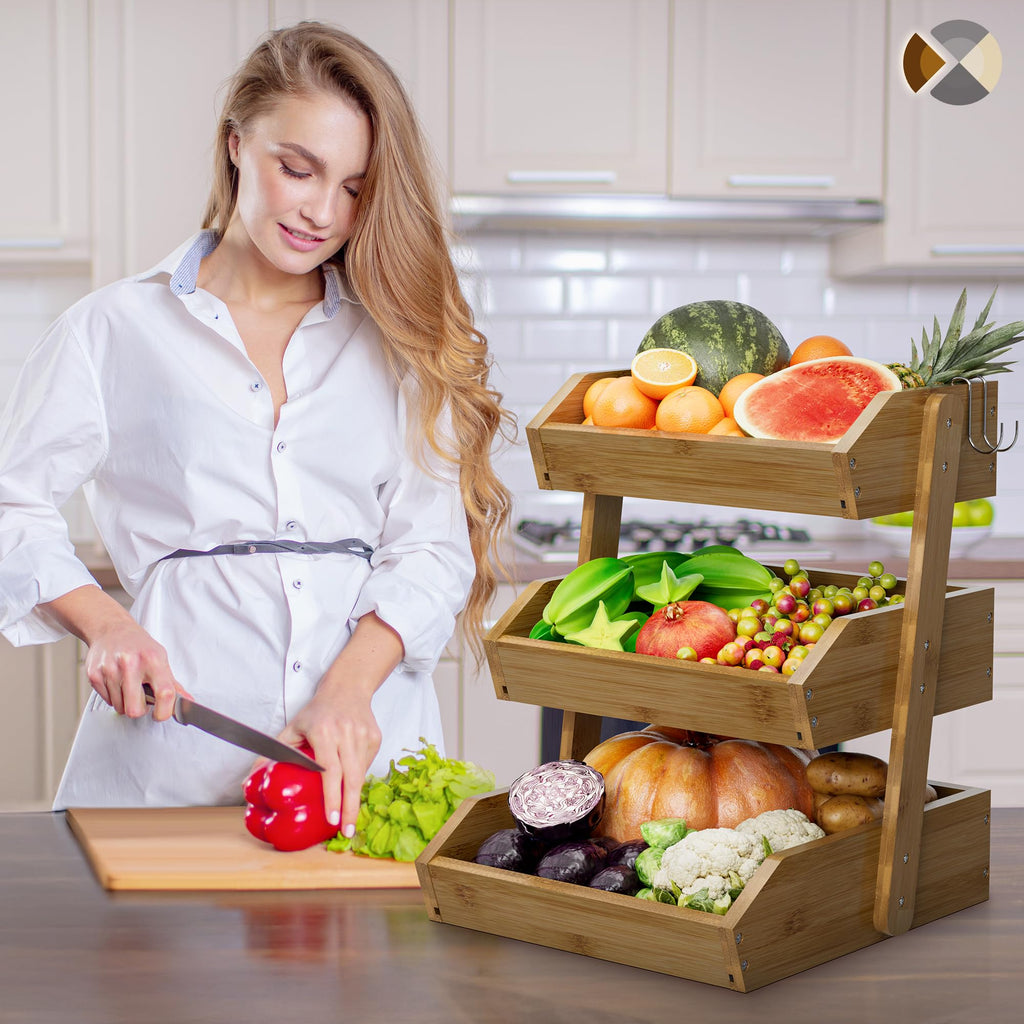Walnut Bamboo 3 Tier Fruit Basket with 2 Banana Hangers J263