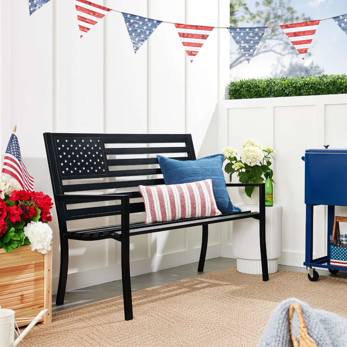 2-Person Steel Indoor/Outdoor Bench with American Flag, 790lb Capacity - Black V7318