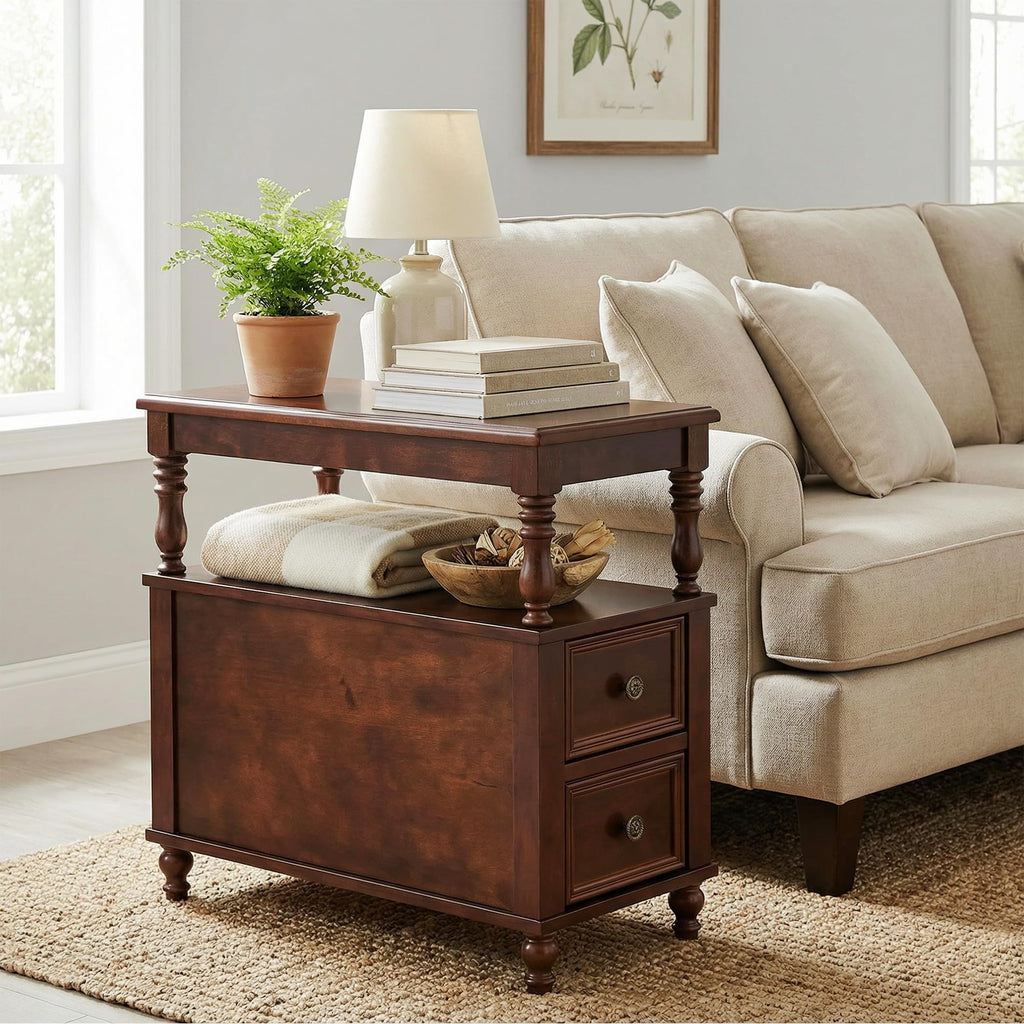 Cherry Finish Wood End Table with 2 Drawers M157913