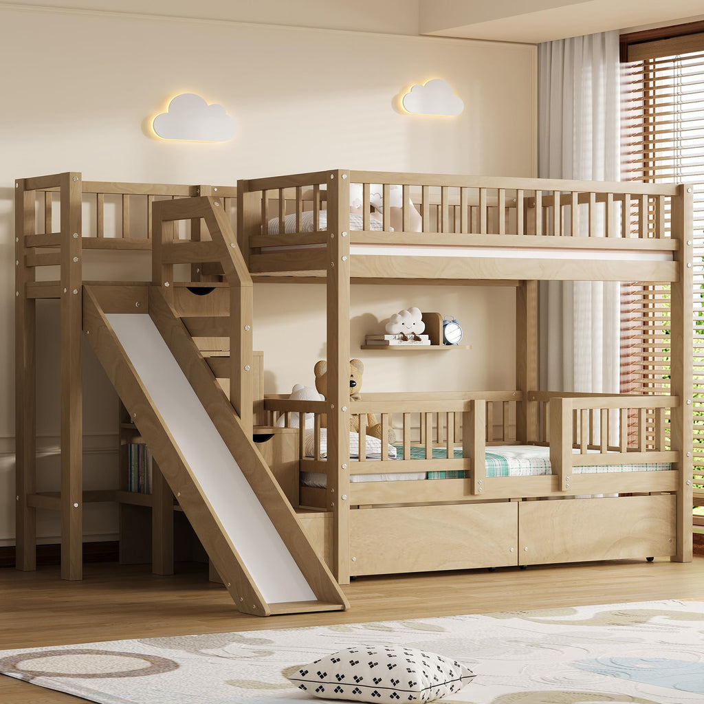 Twin Over Twin Bunk Bed with Slide and Storage Drawers V506