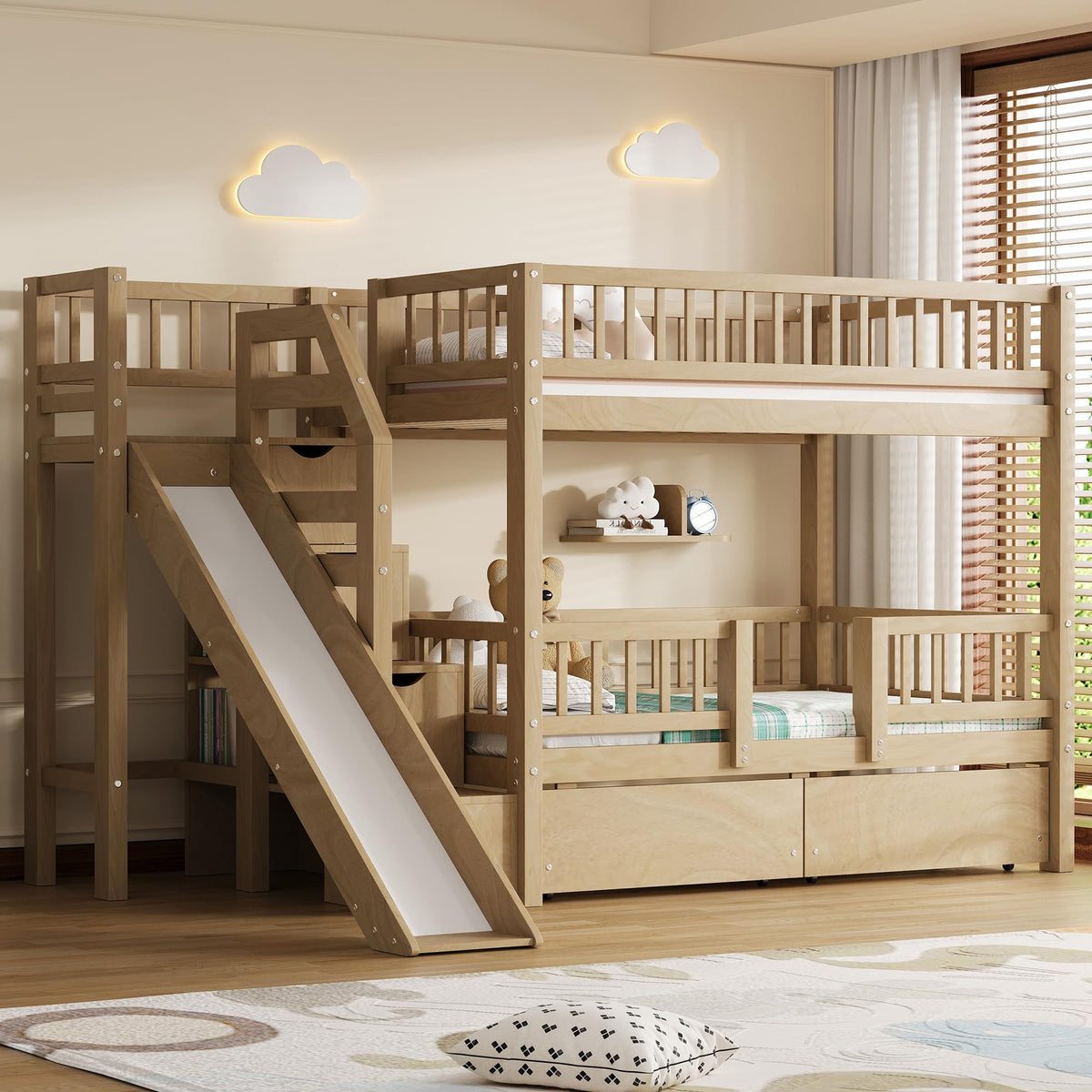 Twin Over Twin Bunk Bed with Slide and Storage Drawers V506